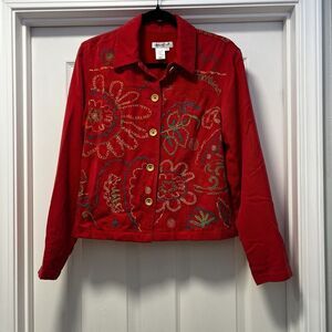 Coldwater Creek Red Floral Embroidered Tencel Button Front Jacket Womens Small
